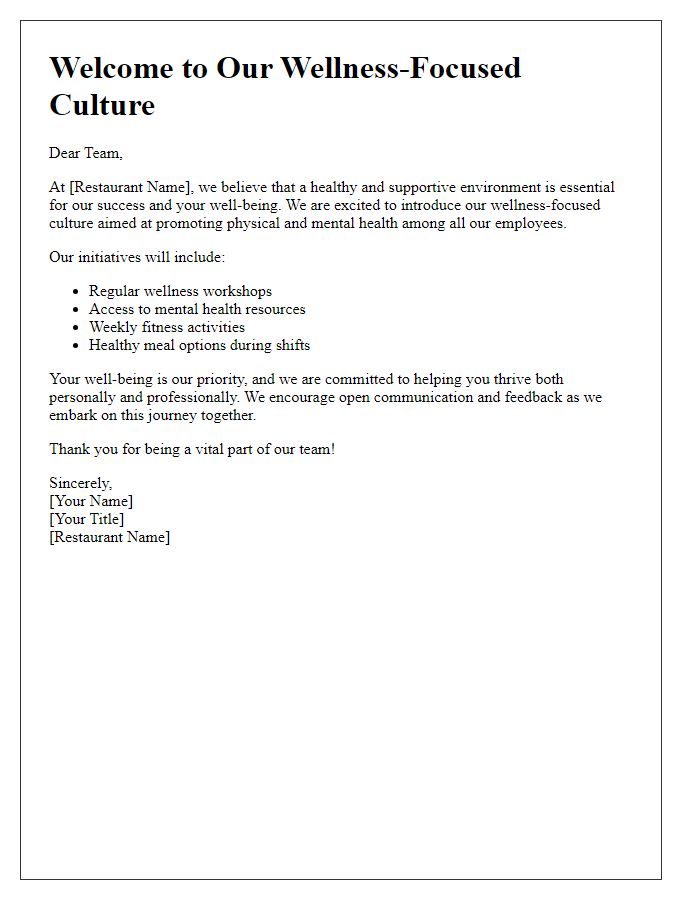 Letter template of wellness-focused culture introduction for restaurant workers