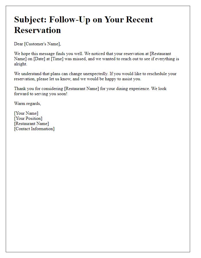 Letter template of follow-up after restaurant reservation lapse