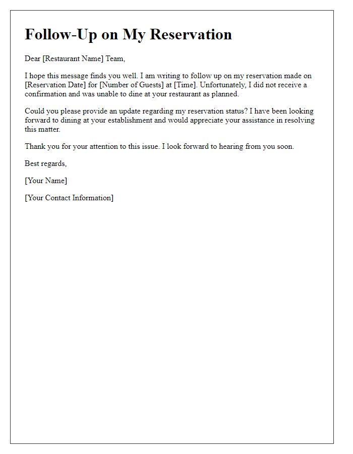 Letter template of follow-up for unfulfilled restaurant reservation