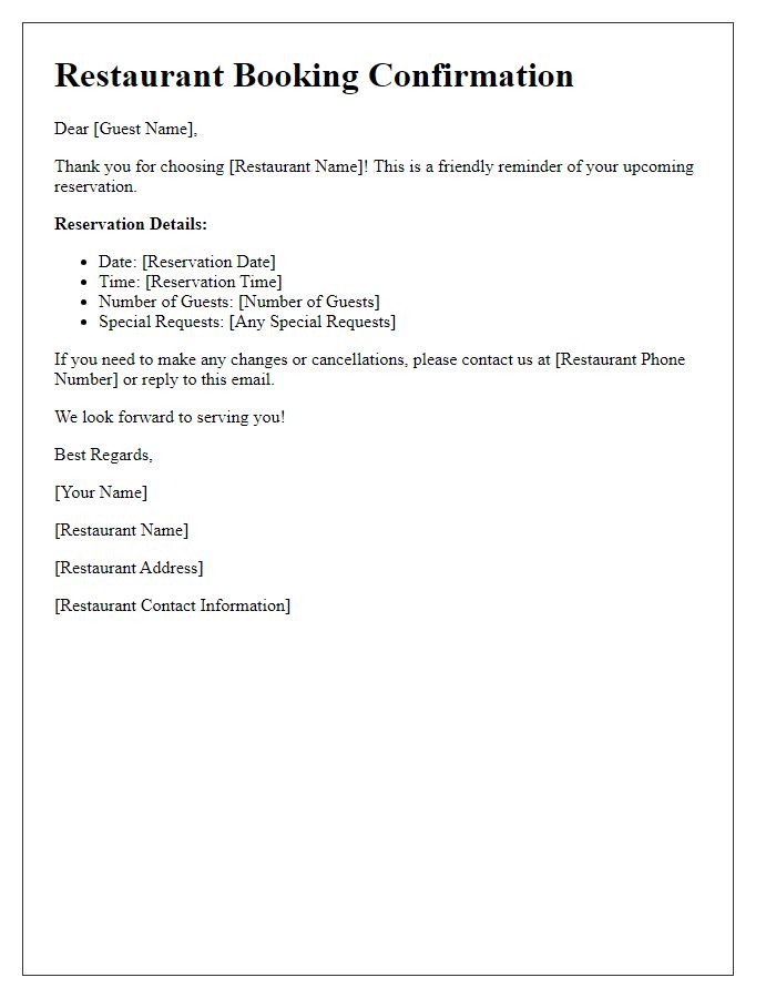 Letter template of restaurant booking confirmation reminder