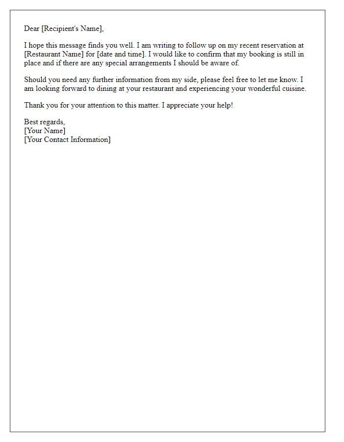 Letter template of restaurant reservation follow-up inquiry