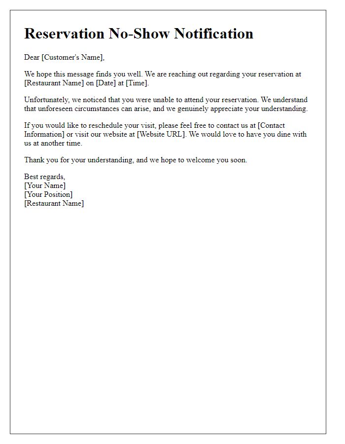Letter template of restaurant reservation no-show notification