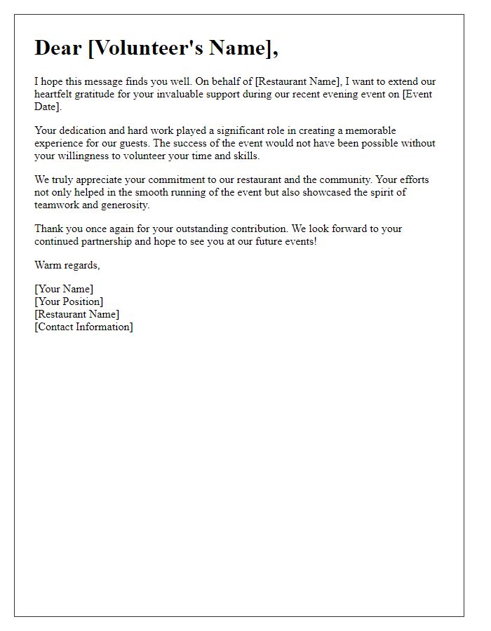 Letter template of Appreciation for Restaurant Volunteers Evening Event