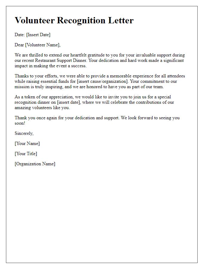 Letter template of Volunteer Recognition for Restaurant Support Dinner