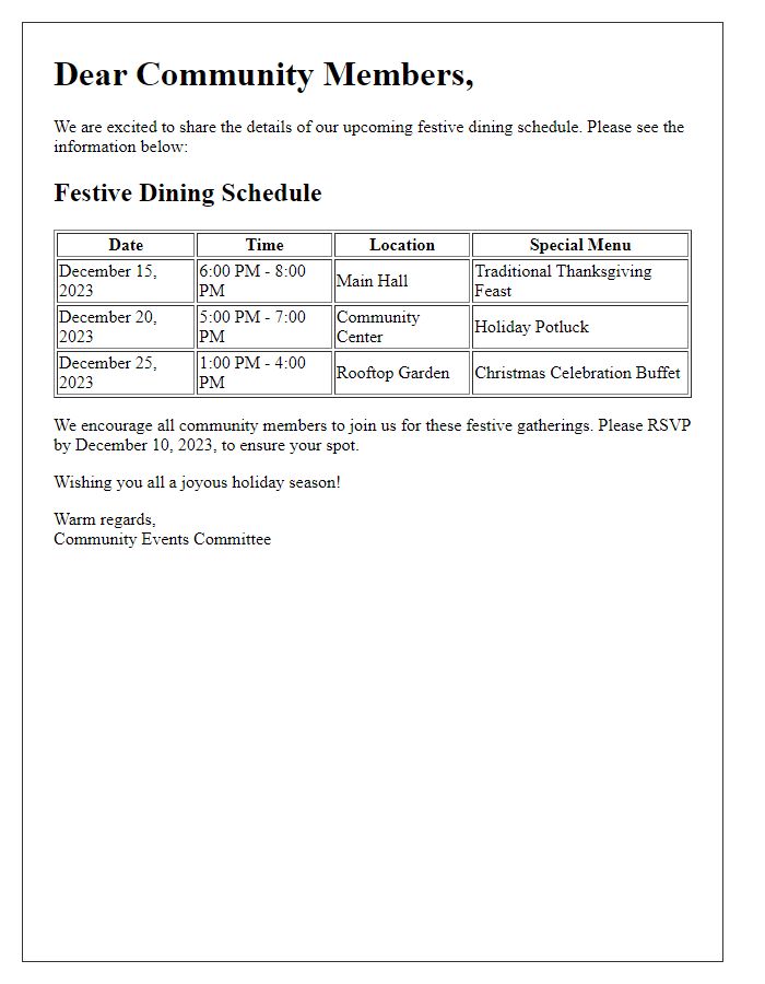 Letter template of festive dining schedule details for our community.