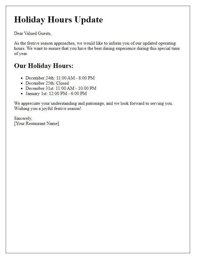 Letter template of festive season hours update for your dining experience.