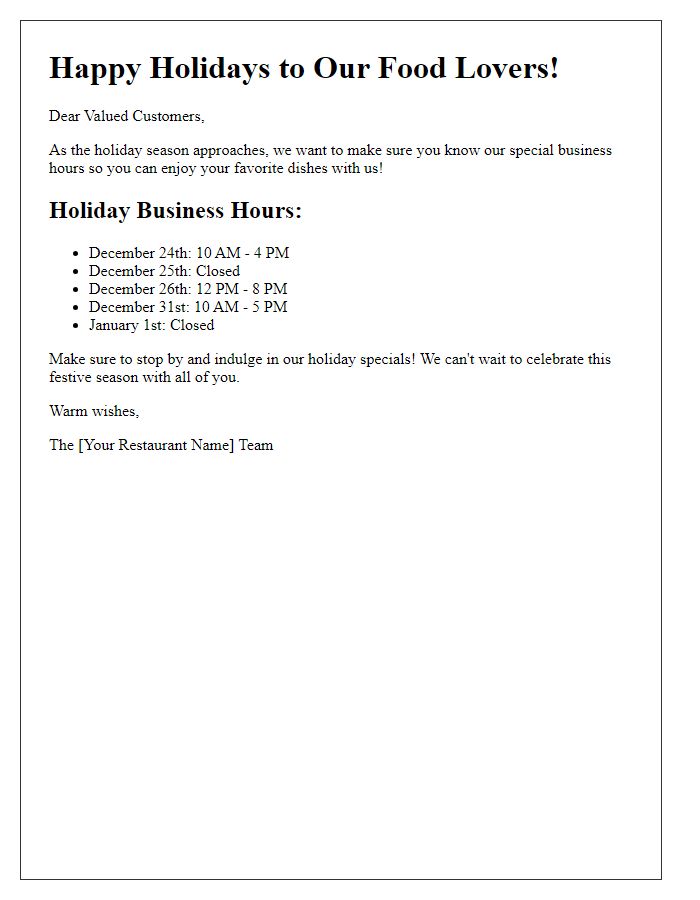 Letter template of holiday business hours reveal for food lovers.