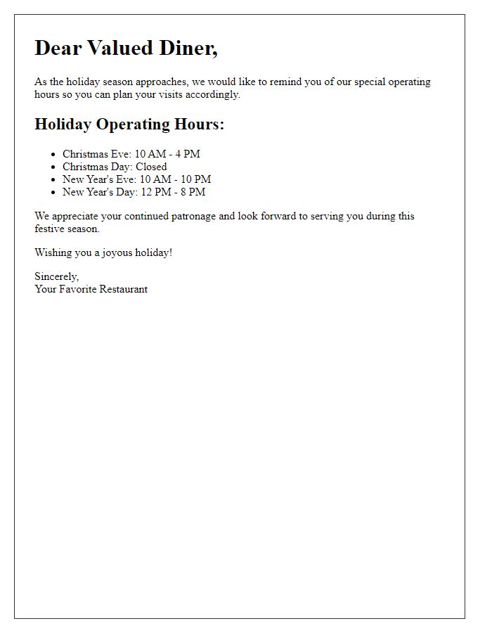 Letter template of holiday operating hours reminder for frequent diners.