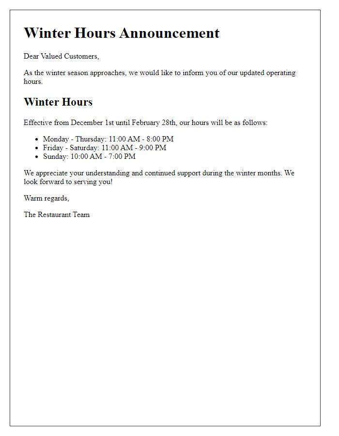 Letter template of winter hours alert for restaurant visitors.