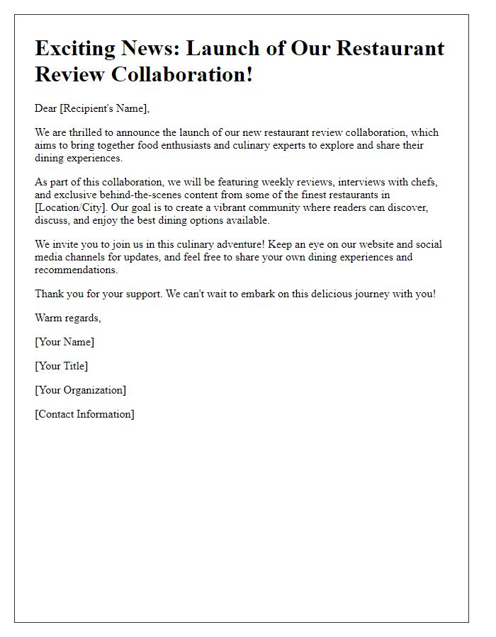 Letter template of announcing the launch of the restaurant review collaboration