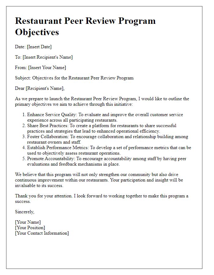 Letter template of detailing objectives for the restaurant peer review program