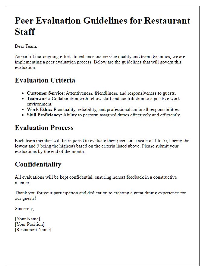 Letter template of outlining the restaurant peer evaluation guidelines