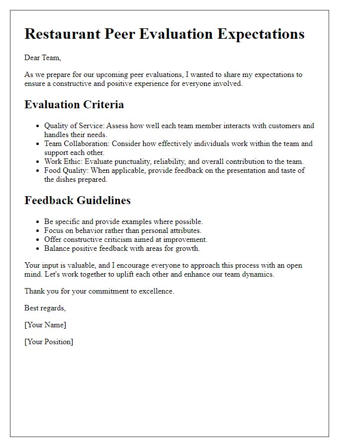 Letter template of sharing expectations for restaurant peer evaluations