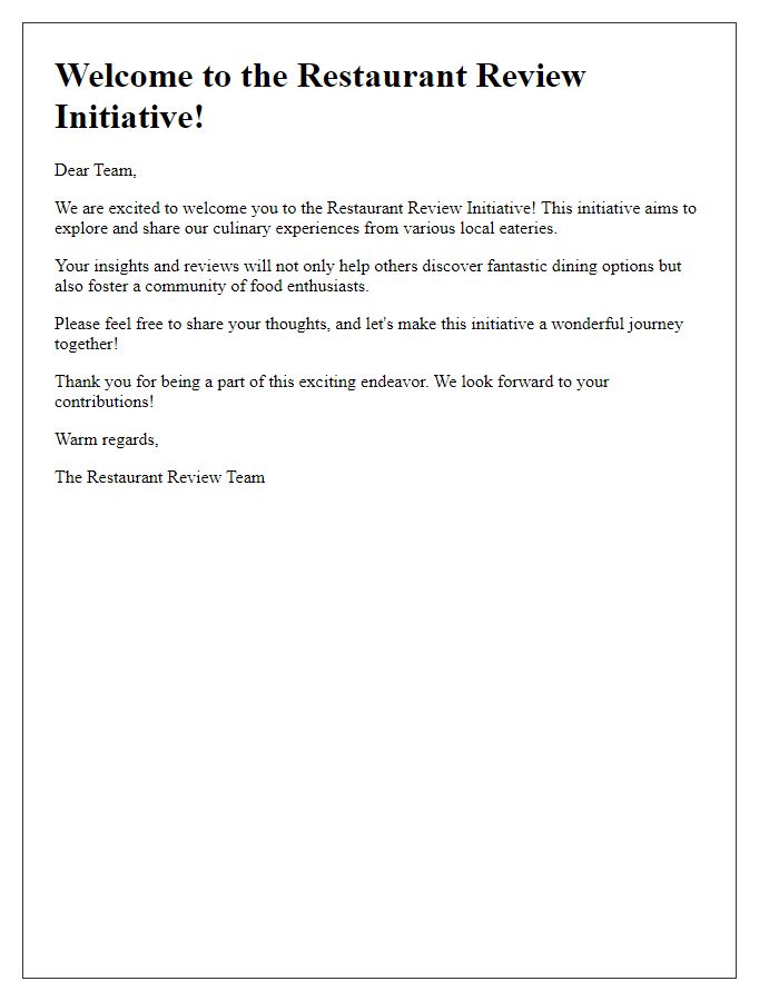 Letter template of welcoming peers to the restaurant review initiative