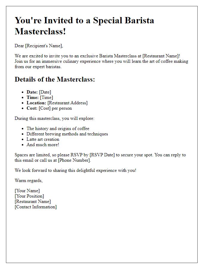 Letter template of culinary experience invitation for barista masterclass at our restaurant.