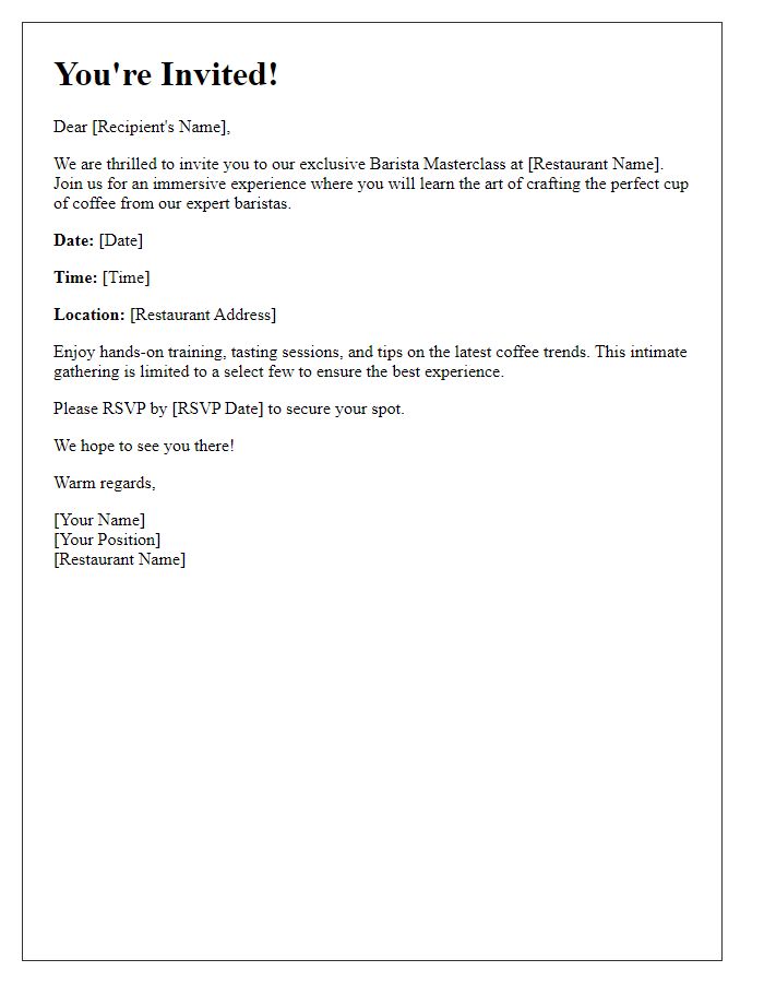 Letter template of exclusive invitation to restaurant barista masterclass.