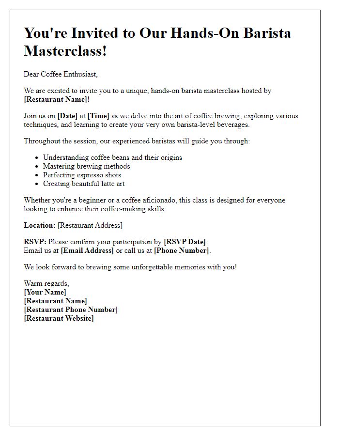 Letter template of hands-on barista masterclass invitation hosted by our restaurant.