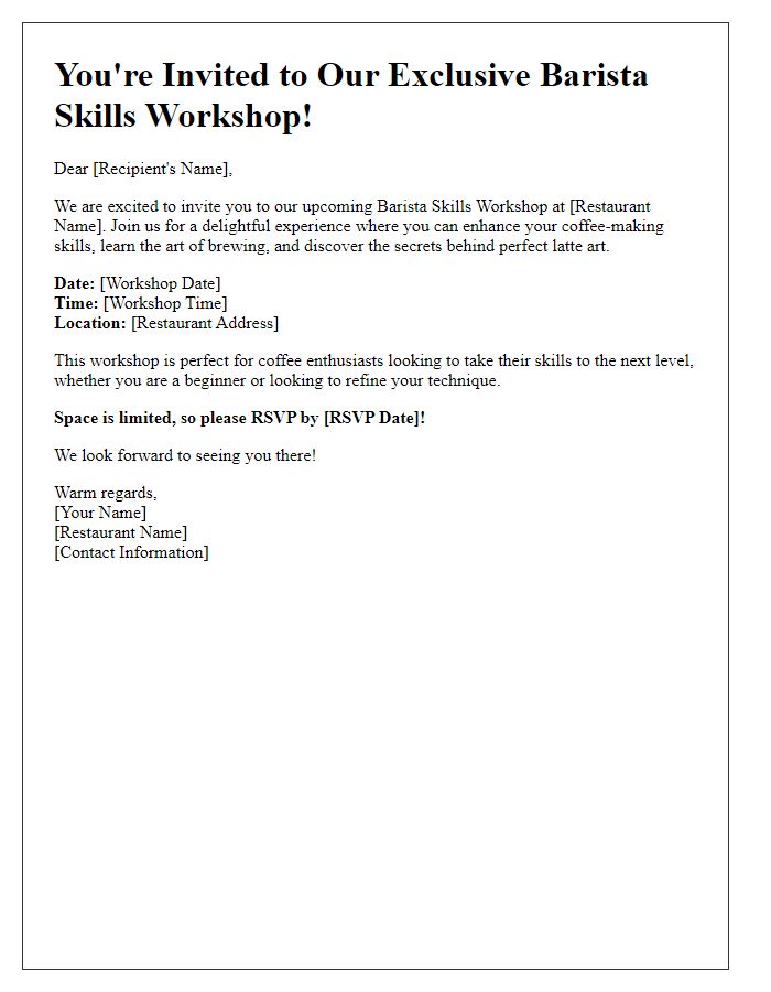 Letter template of personalized invite to restaurant's barista skills workshop.