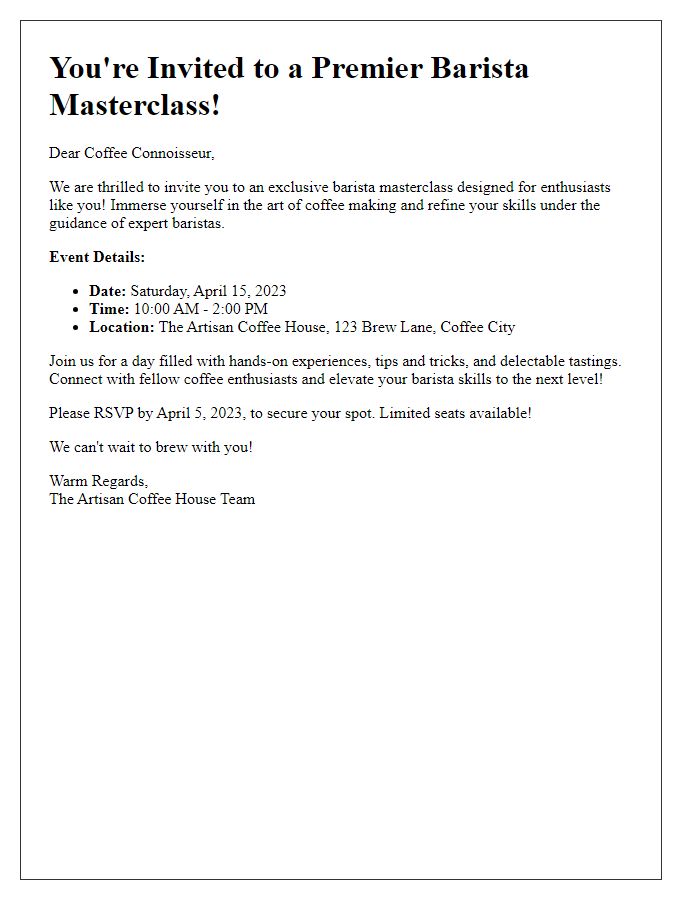 Letter template of premium invitation for barista enthusiasts to join our masterclass.