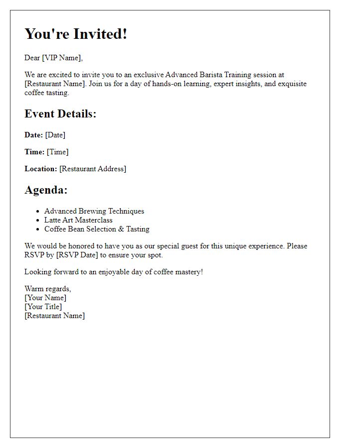 Letter template of VIP invitation to restaurant's advanced barista training session.