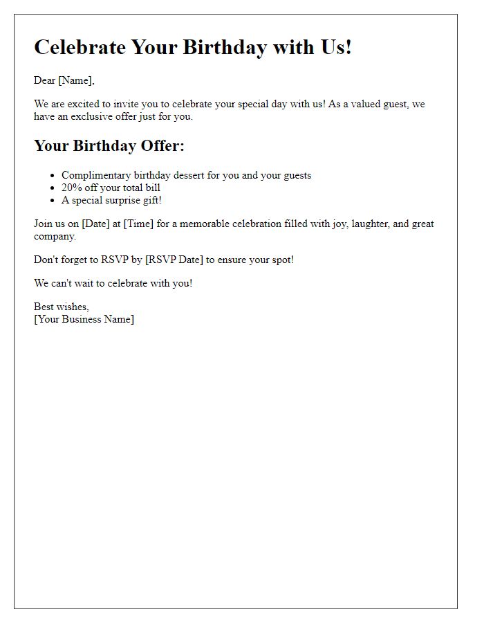 Letter template of Celebrate Your Birthday with Us  Exclusive Offer Inside