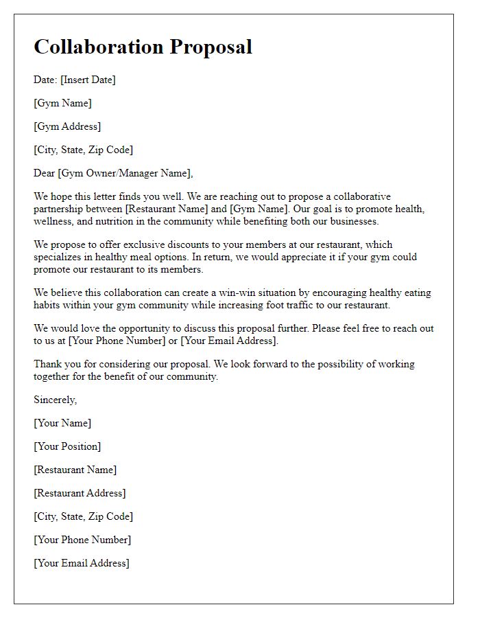 Letter template of collaboration proposal between restaurant and local gym.