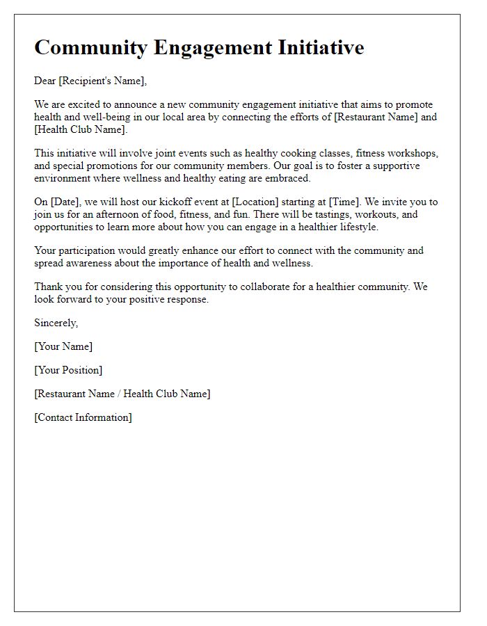 Letter template of community engagement initiative involving restaurant and health club.