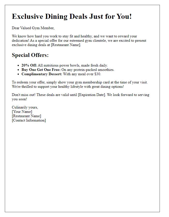 Letter template of exclusive dining deals for gym clientele from the restaurant.