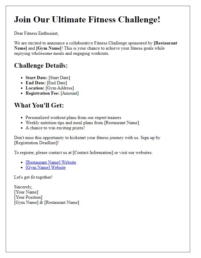 Letter template of fitness challenge sponsored by restaurant and gym collaboration.