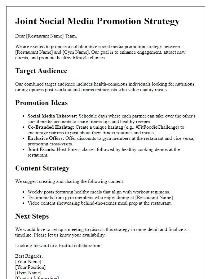 Letter template of joint social media promotion strategy for restaurant and gym.