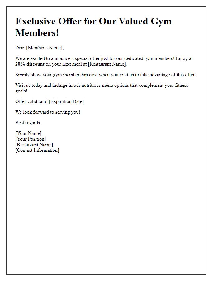 Letter template of special offer campaign for gym members at the restaurant.