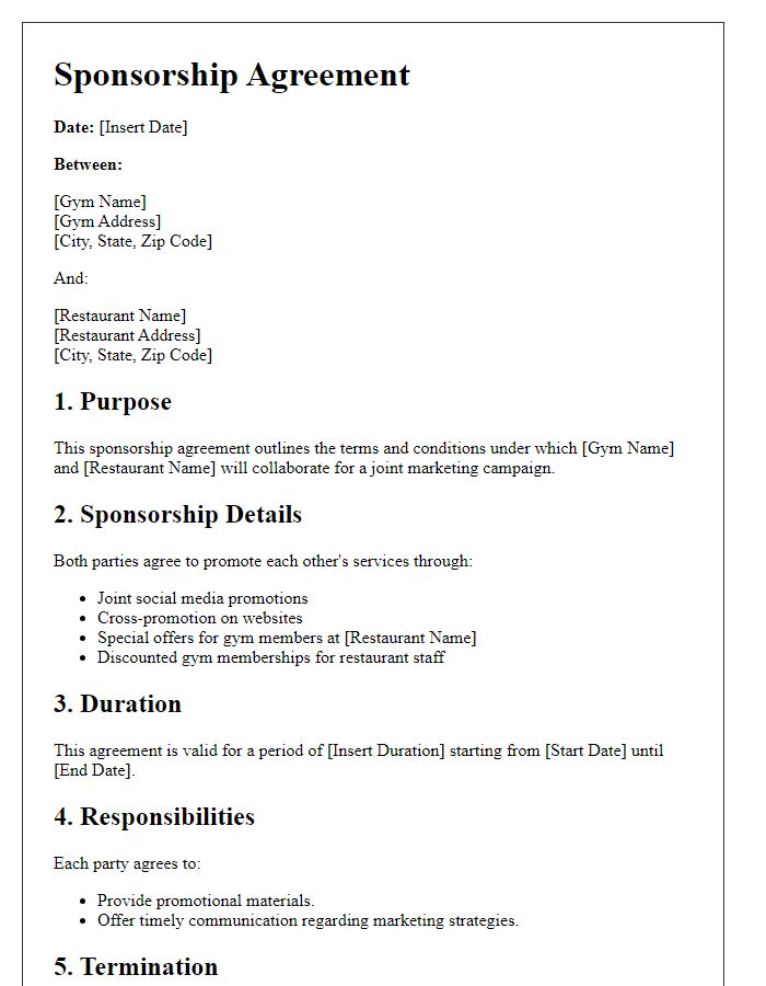 Letter template of sponsorship agreement for joint marketing with gym and restaurant.