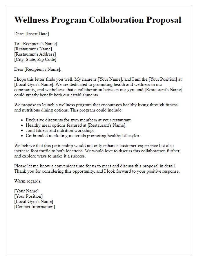 Letter template of wellness program collaboration between local gym and restaurant.