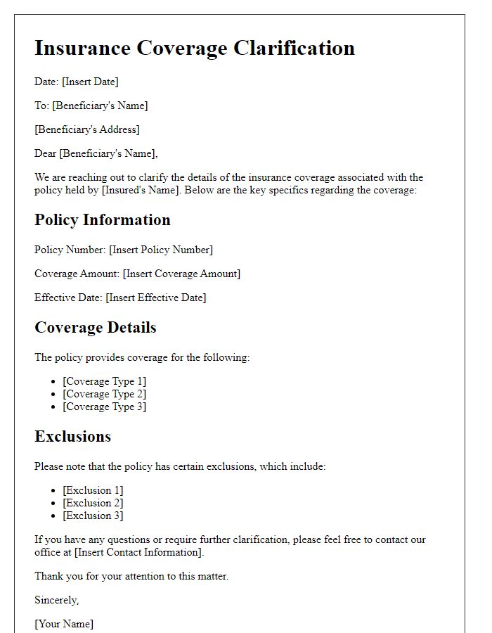 Letter template of insurance coverage clarification for beneficiaries.