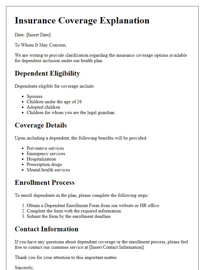 Letter template of insurance coverage explanation for dependent inclusion.