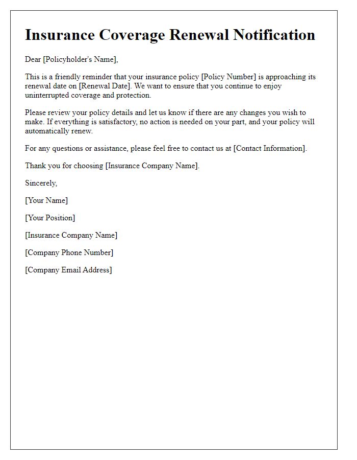 Letter template of insurance coverage notification for renewal reminders.