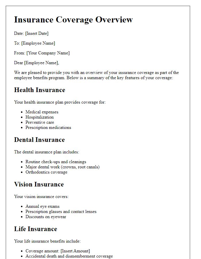 Letter template of insurance coverage overview for employee benefits.