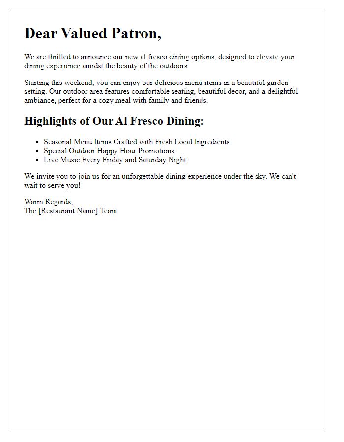 Letter template of new al fresco dining options for patrons