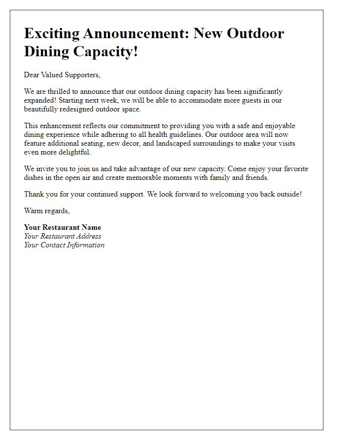 Letter template of new outdoor dining capacity announcement for supporters