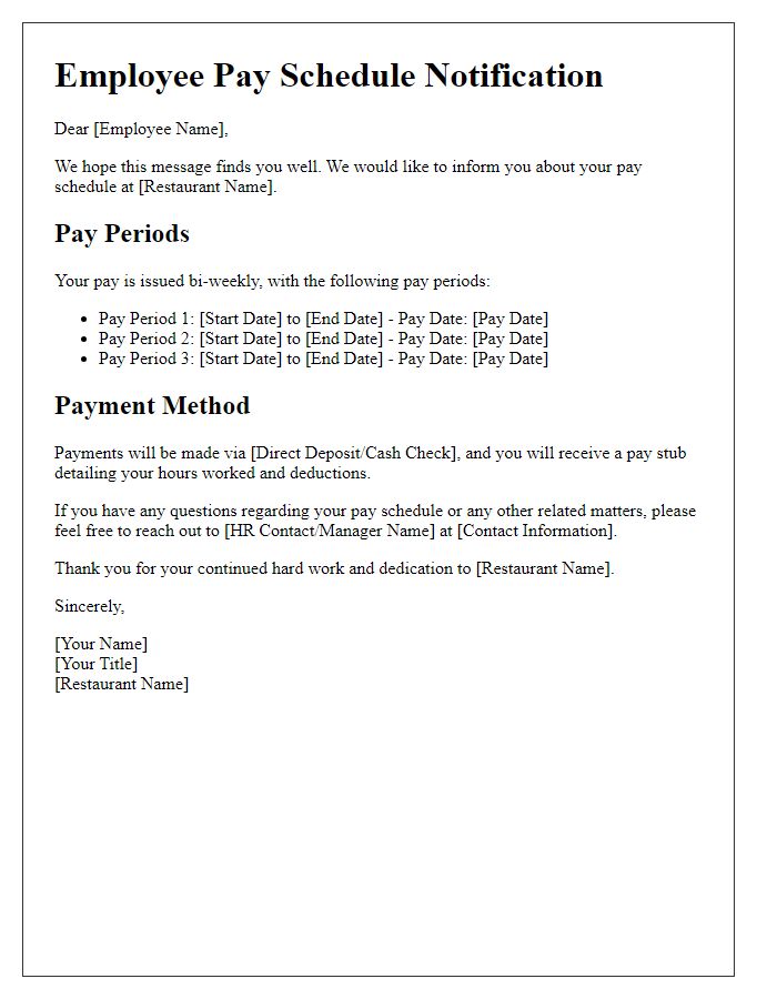 Letter template of restaurant employee pay schedule notification