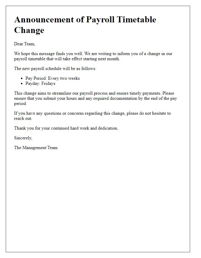 Letter template of restaurant payroll timetable change announcement