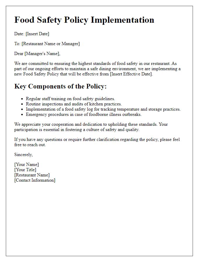 Letter template of food safety policy implementation for restaurants