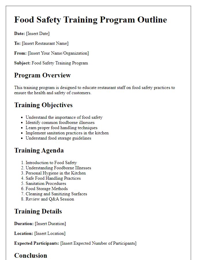 Letter template of food safety training program outline for restaurants