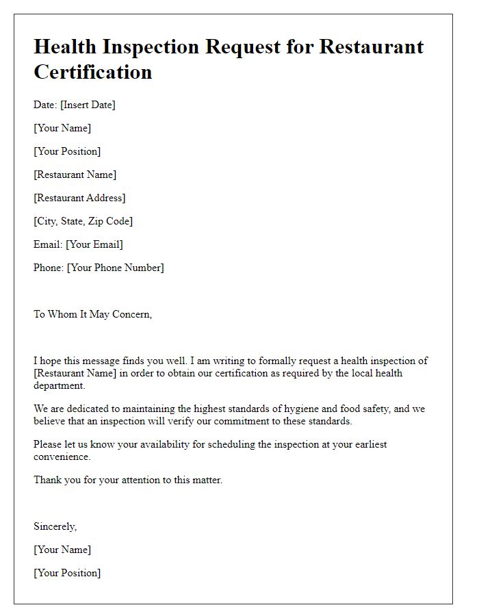 Letter template of health inspection request for restaurant certification