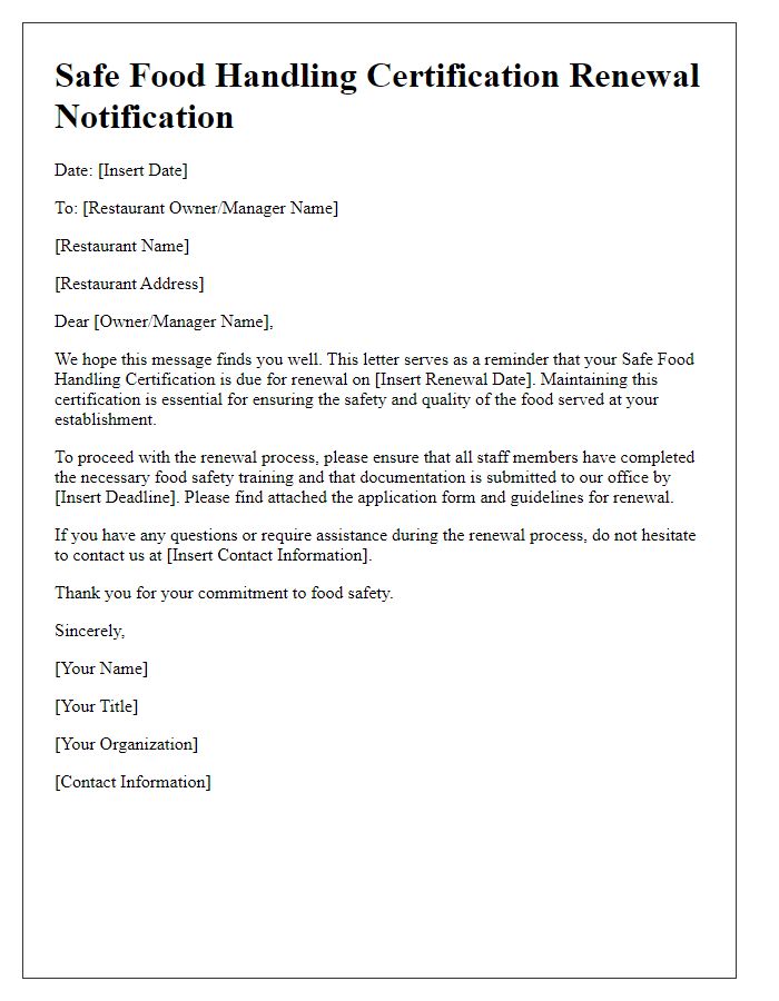 Letter template of safe food handling certification renewal for restaurant