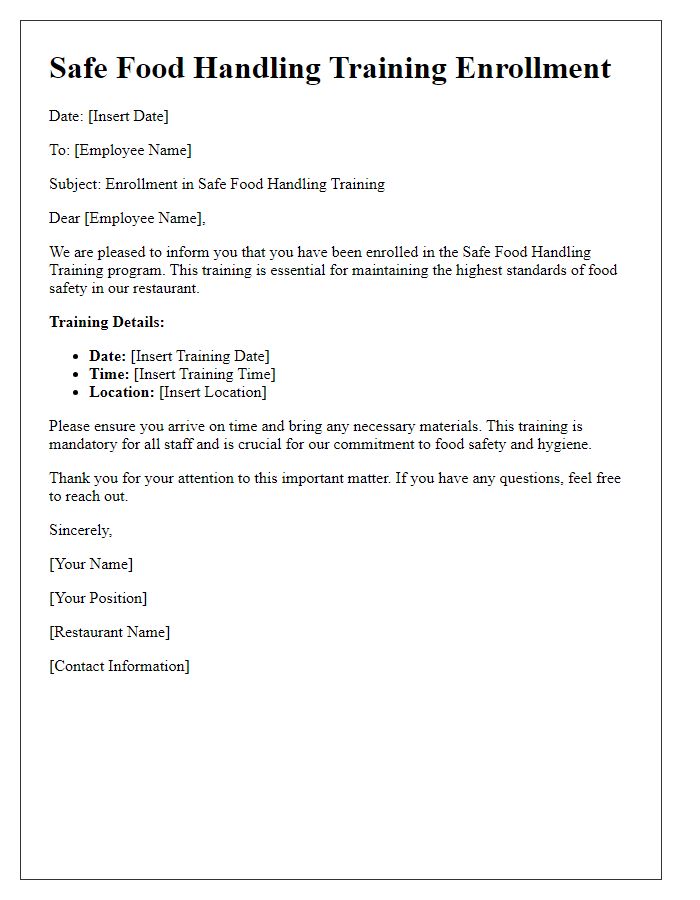 Letter template of safe food handling training enrollment for restaurant staff