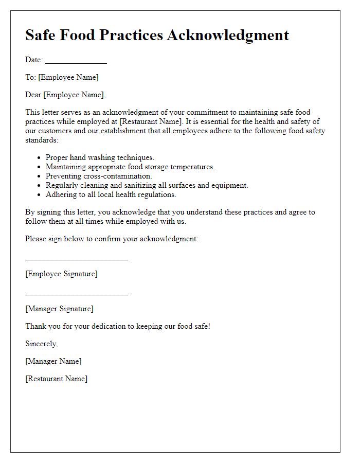 Letter template of safe food practices acknowledgment for restaurant employees