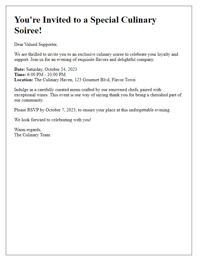 Letter template of special culinary soire invitation for loyal supporters.