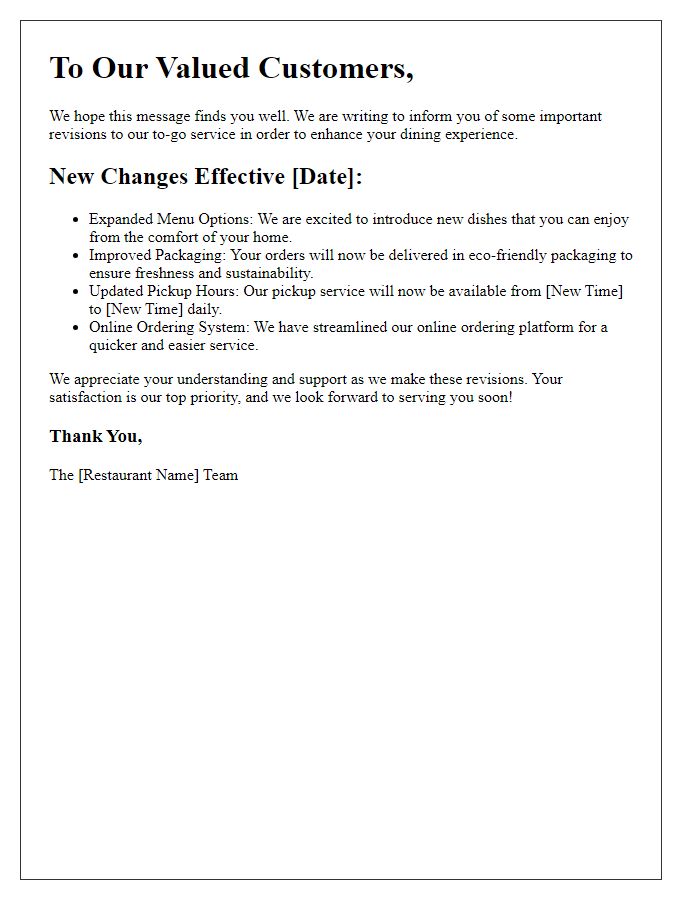Letter template of restaurant to-go service revision