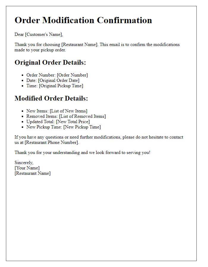 Letter template of restaurant pickup order modifications